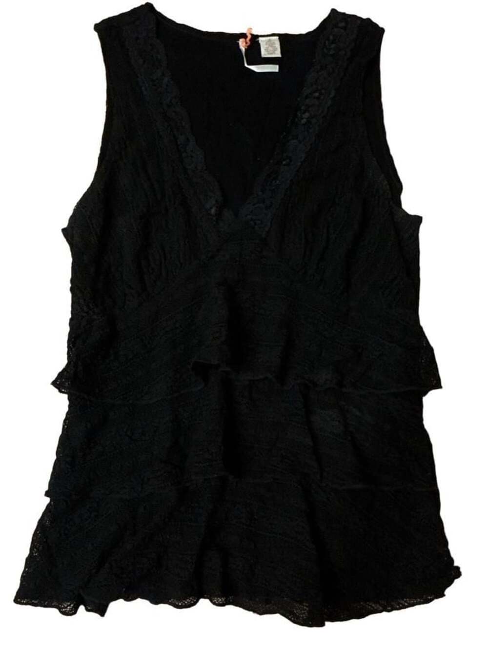 RicRac Black Sleeveless V-Neck Tiered Y2K Lace Ruffle Top